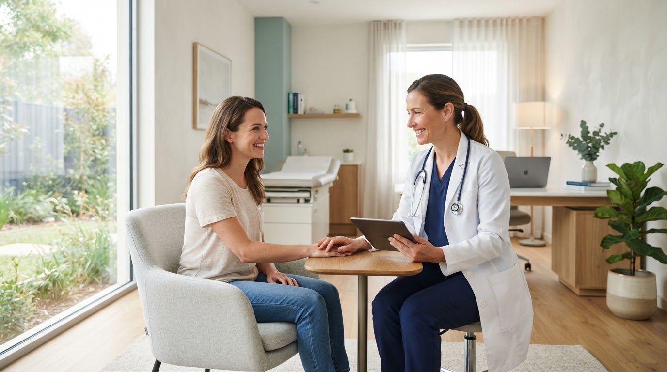 A doctor warmly consulting with a patient in a bright, modern clinic room at Oasis Medical Clinic